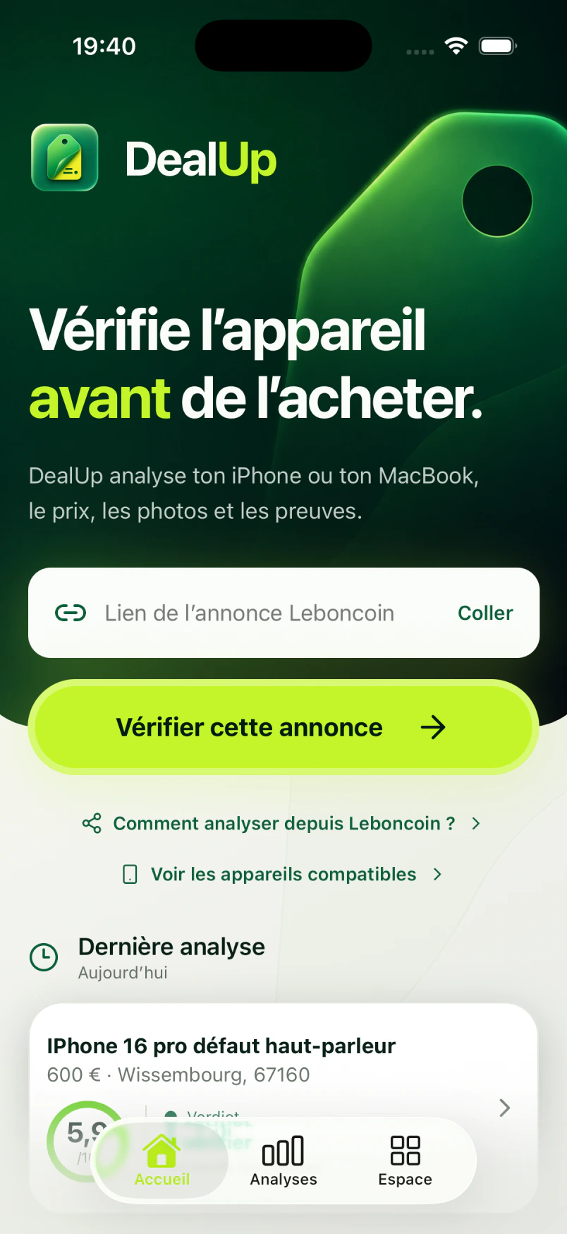 Accueil de l’application DealUp AI